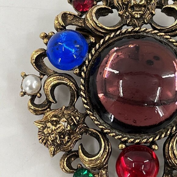 Gold Tone Lion Face Multicolor Cabochon Rhinestone Cluster Brooch Pin - Picture 3 of 8